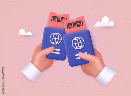 Hands with passport and air tickets. Air travel concept. Business trip and vacation banner. 3D web Vector Illustrations.