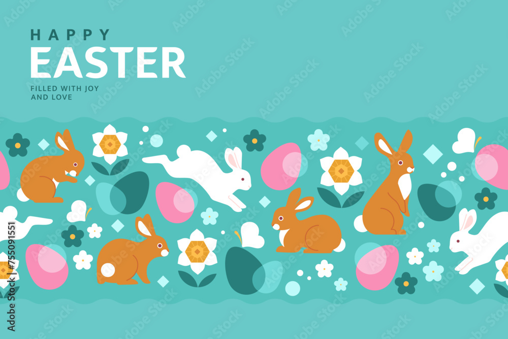 Obraz premium Happy Easter banner concept. Vector cartoon illustration in a trendy flat style with seamless abstract pattern with bunnies, flowers, and Easter eggs. Isolated on a light blue background
