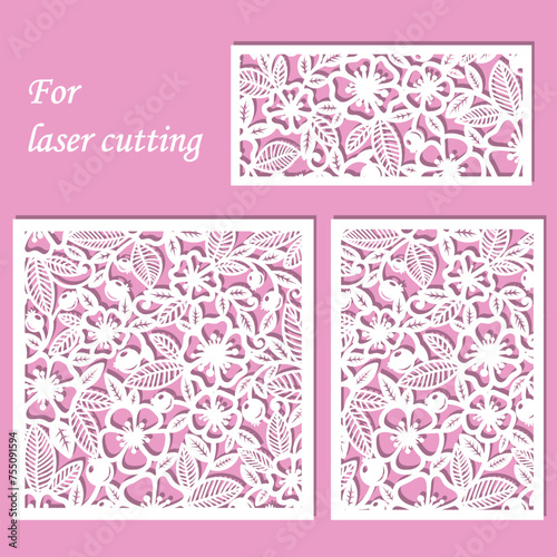 Flowers, leaves and berries on branches. A set of templates for laser cutting from paper, cardboard, wood, metal. For the design of wedding cards, envelopes, invitations, interior decorations, panels,