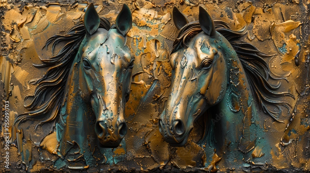 Horses in abstract metallic paintings