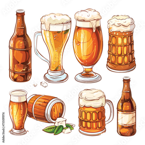 Vector beer mugs with foam beer set in vintage style isolated on the background