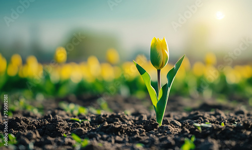 Solitary Tulip Sprout in Sunlit Field - Springtime Growth photo