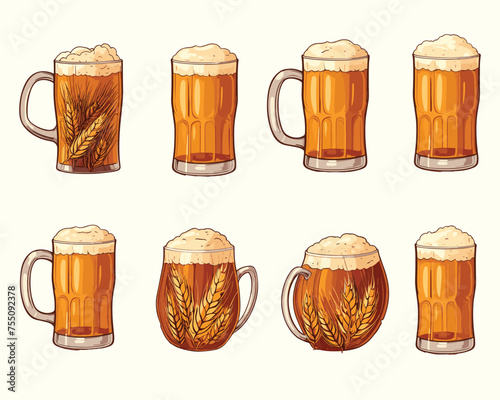 Vector beer mugs with foam beer set in vintage style isolated on the background