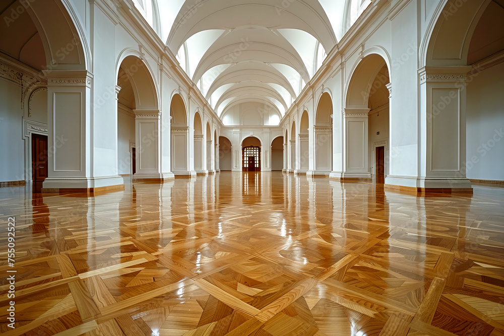 Elegant Grand Hall with Polished Wooden Floor and Arched Ceilings