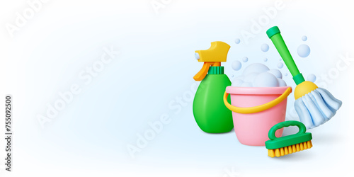 Realistic 3d household tools. Cleaning service ad poster. Bucket with soap foam, spray bottle, brush and broom. Housekeeping pithy vector concept