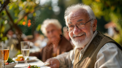 Happy senior man enjoys festive outdoor meal in joyful moment among friends and family
