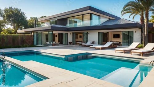 Luxury modern house with a swimming pool, sun loungers, and a well-manicured lawn on a sunny day.