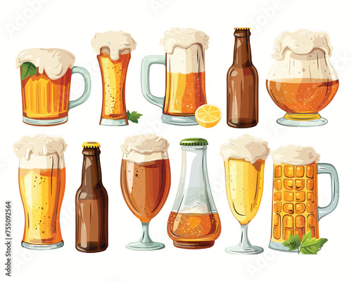 Vector beer mugs with foam beer set in vintage style isolated on the background