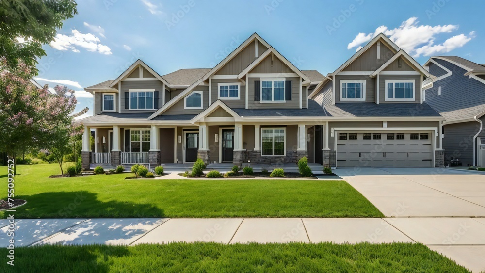 Suburban luxury homes with manicured lawns on a sunny day, showcasing modern residential architecture. Suburban luxury homes with manicured lawns on a sunny day, showcasing modern residential architecture.