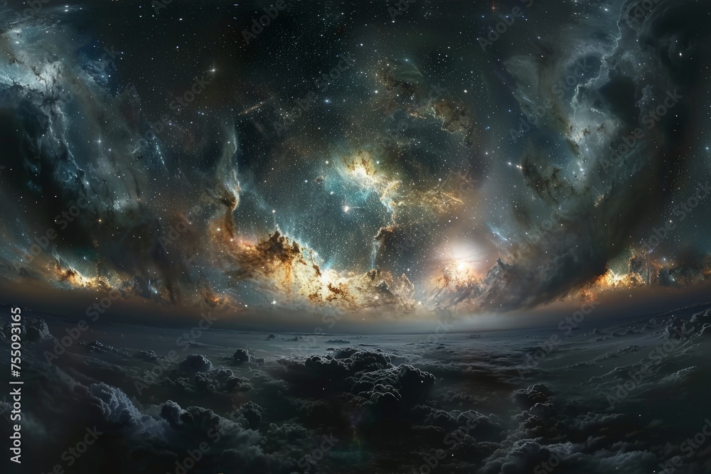 The image shows a vast expanse filled with twinkling stars and billowing clouds, creating a mesmerizing celestial spectacle.