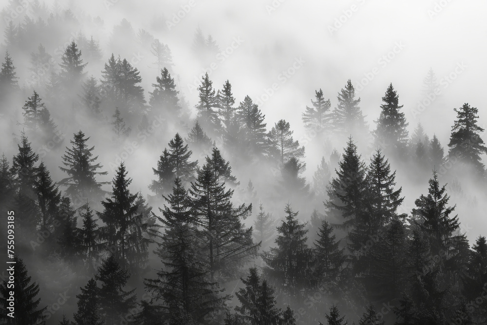 A serene monochrome landscape featuring silhouetted trees shrouded in a dense, misty atmosphere