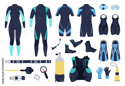 Diving elements. Scuba divers costumes, underwater swimming tools and equipment. Suits, water shoes, oxygen balloon, masks, decent vector icons