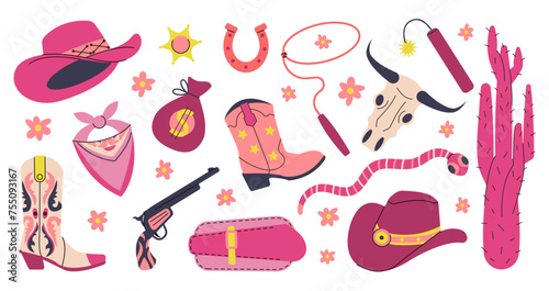 Cowgirl accessories set. Cowboy pink hats, boots and weapon. Decorative cactus, bandana and wild west buffalo skull. Rodeo decent vector clipart