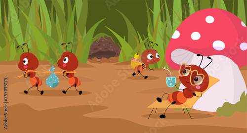 Cartoon ants working. Forest ant activity, moving and working or relaxing. Wildlife childish book or banner illustration with funny nowaday vector insects