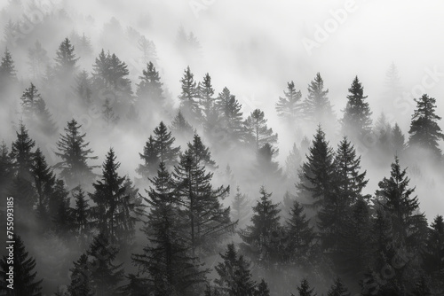 A serene monochrome landscape featuring silhouetted trees shrouded in a dense, misty atmosphere
