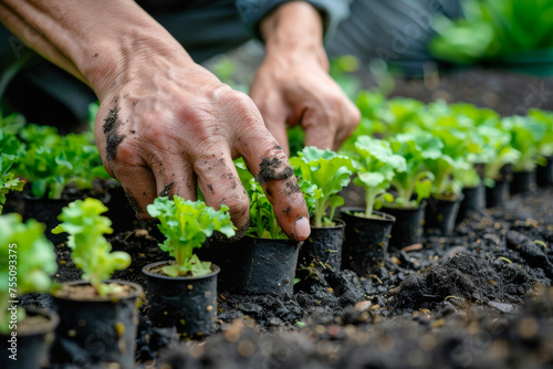 Close-up of hands gently holding tender green lettuce plants in a greenhouse setting