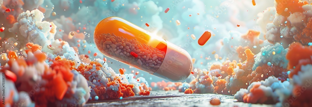 Dynamic pharmaceutical explosion with vibrant pills and capsules against a dramatic backdrop, symbolizing medical breakthrough or intense health research. - obrazy, fototapety, plakaty 