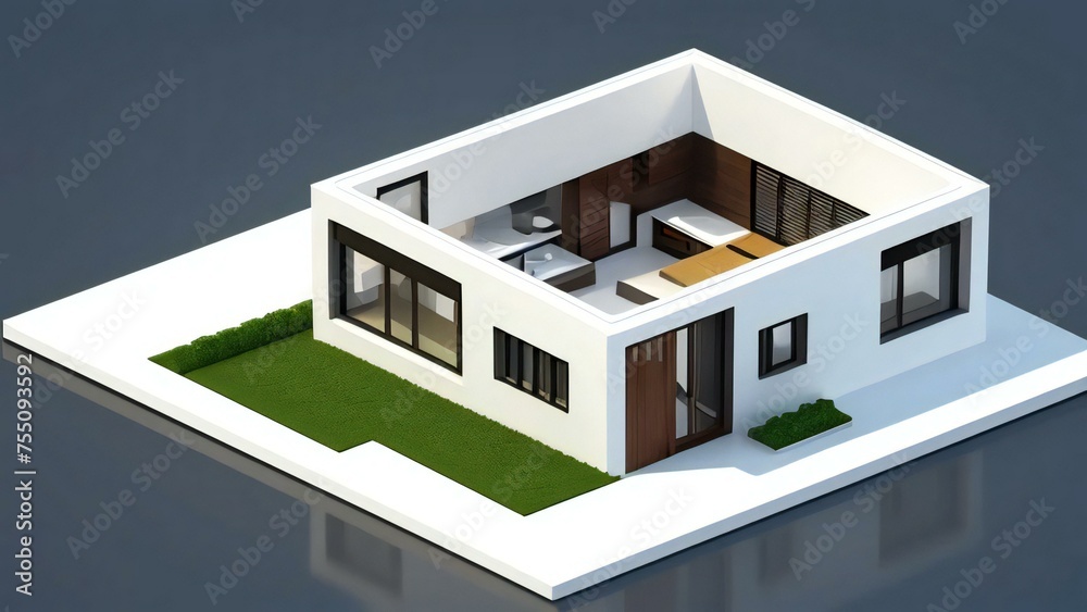 Modern 3D rendered cutaway of a house showing interior layout and design. Modern 3D rendered cutaway of a house showing interior layout and design.