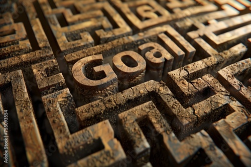 the word "Goal" lost in an endless old maze, representing planning, goal setting, and determination