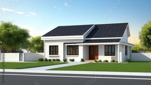 Modern single-story house with solar panels on the roof and a white picket fence, under a clear sky. © home 3d