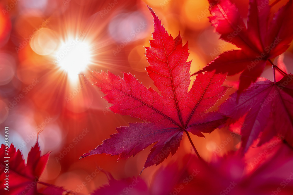Vibrant red maple leaves bask in the golden sunlight, creating a stunning visual with a soft bokeh effect in the background Vibrant red maple leaves bask in the golden sunlight, creating a stunning visual with a soft bokeh effect in the background