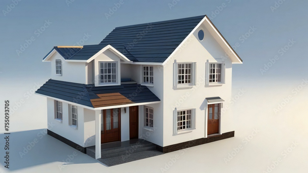 3D rendering of a modern two-story house with blue roof on a white background.