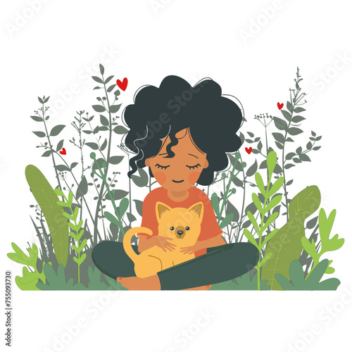 Child cuddling a puppy in foliage..