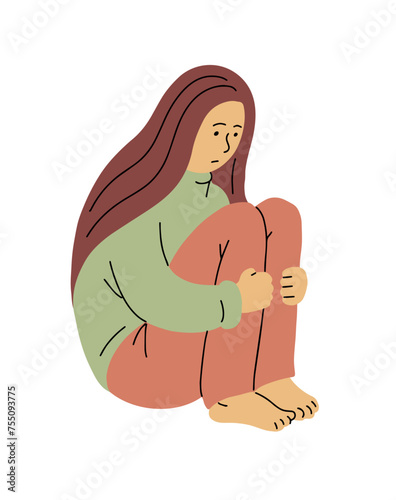 Sad young woman. Fear, depression and social phobia. Teen character. Flat vector illustration isolated on white background