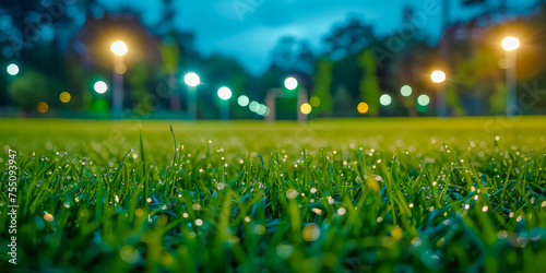 Close-up of glistening dew on green grass with the bright lights of a soccer stadium