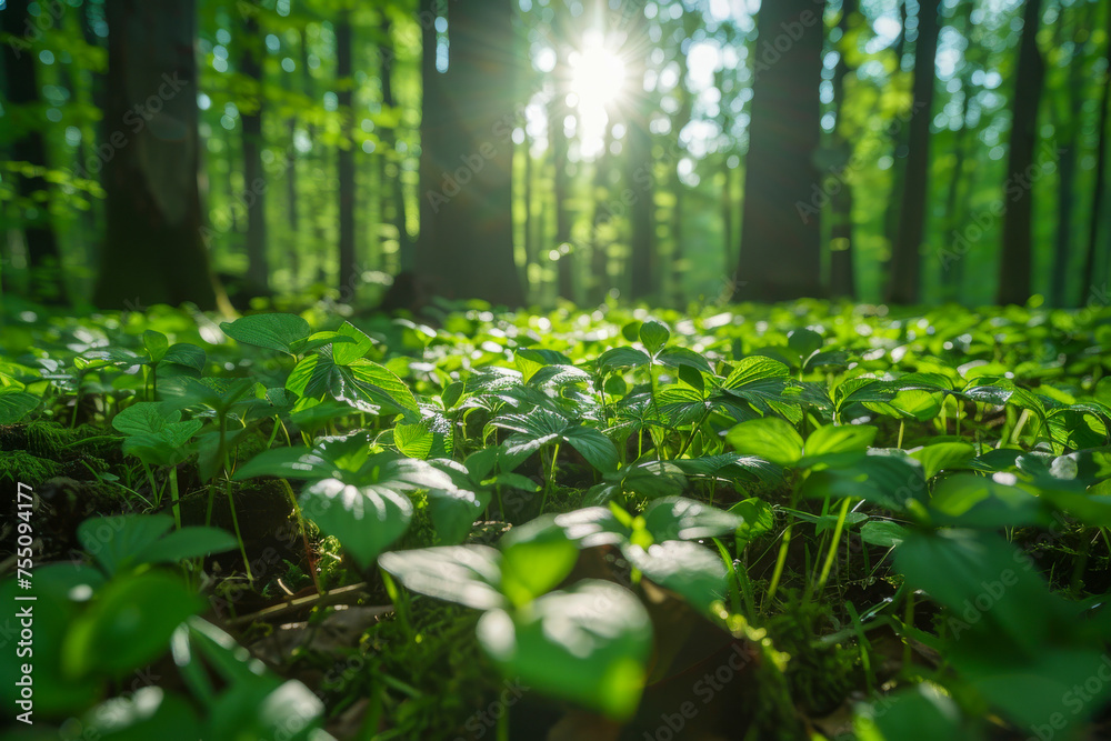 Fototapeta premium Sunlight Filtering Through Verdant Forest Canopy