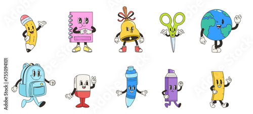 Back to school groovy elements. Positive retro style characters with different emotions. Cartoon funky book, pencil, bell and scissors, snugly vector set