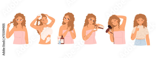 Curly hair step by step. Cute girl caring hair. Young woman washing head and doing hairstyling with cosmetics and tools. Beauty snugly vector concept