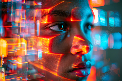 Futuristic Neon Portrait of a Young Woman in Digital Light