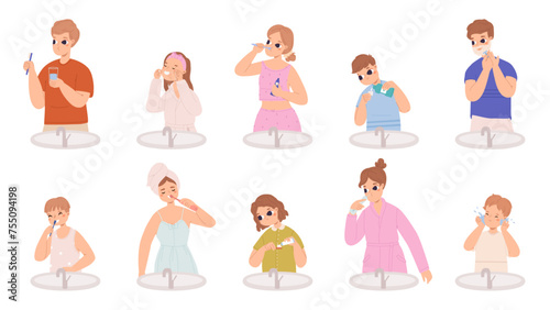 People brushing teeth. Morning personal hygiene procedures in bathroom. Adults and children clean tooth and wash face, snugly vector scenes