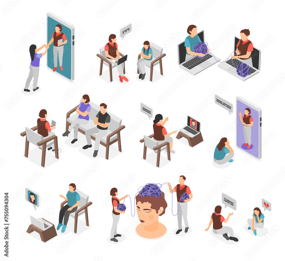 Fototapeta premium Psychotherapy session. Professional help in family relationship. Mind cleaning, depression or mental problems. Online consulting, flawless vector set
