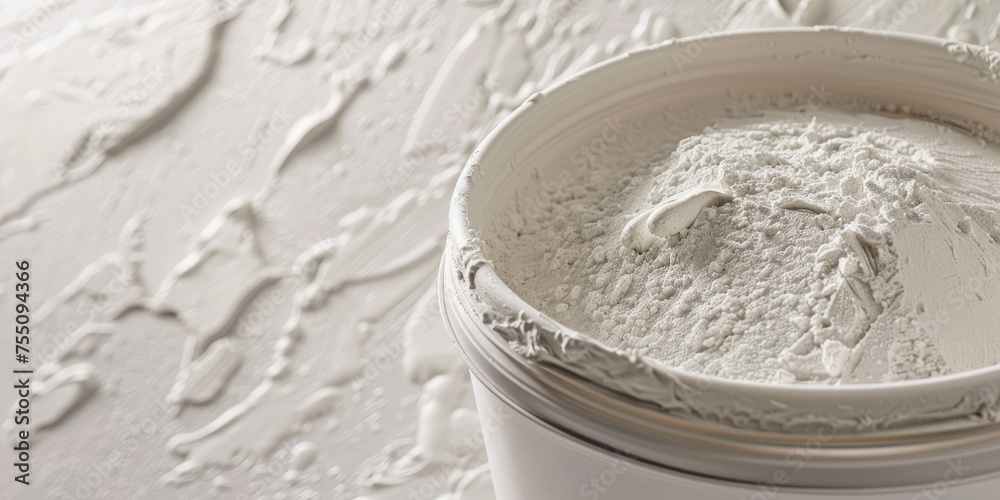 This photograph highlights a container full of white paint powder with a mixing spatula, evoking a sense of preparation This photograph highlights a container full of white paint powder with a mixing spatula, evoking a sense of preparation