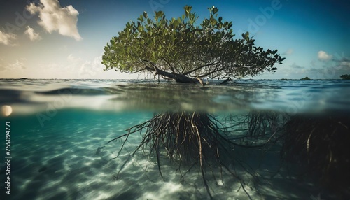 over and under water photograph of a mangrove tree in clear tropical waters with blue sky in background near staniel cay exuma bahamas photo