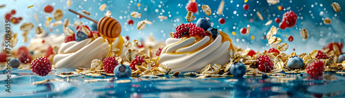 A blue background with a white dessert with blueberries and raspberries on top photo