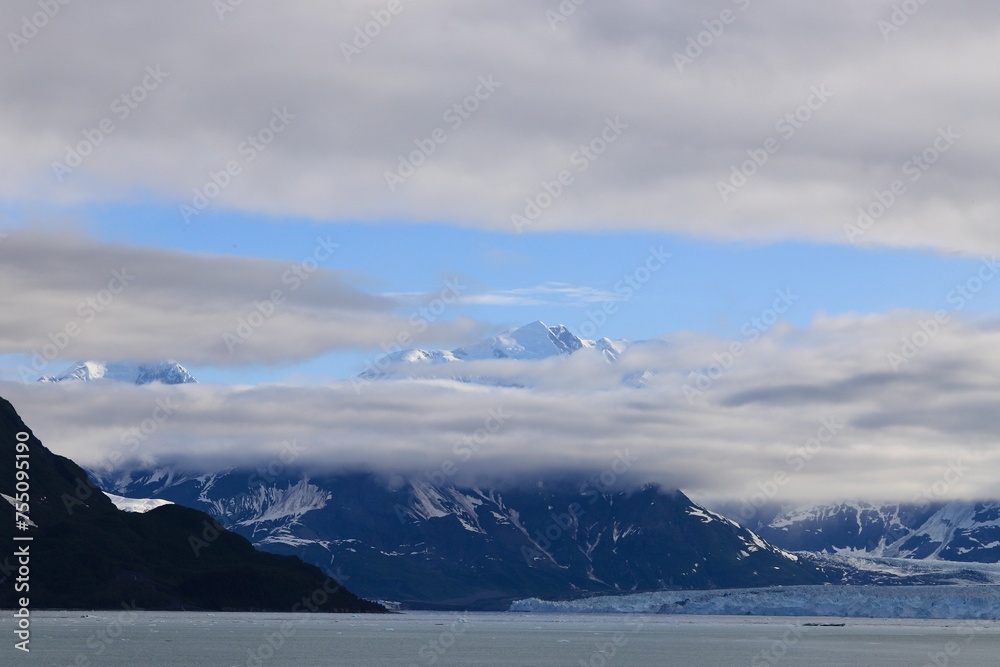 Clouds Passing Over Mountain Peaks at Hubbard Glacier in Alaska