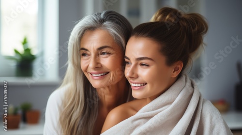 Two multiracial women wrapped in white towels are smiling at the camera