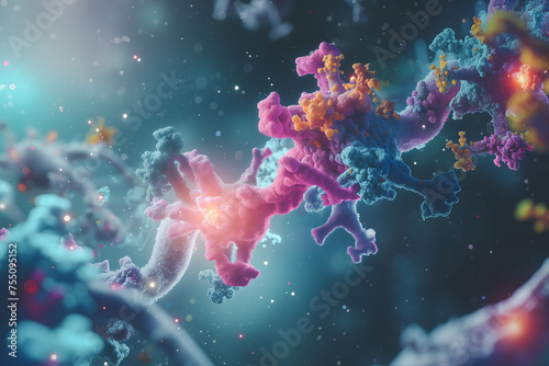 3D Illustration of DNA or protein three-dimensional structure simulation for genetics and biological sciences research. photo