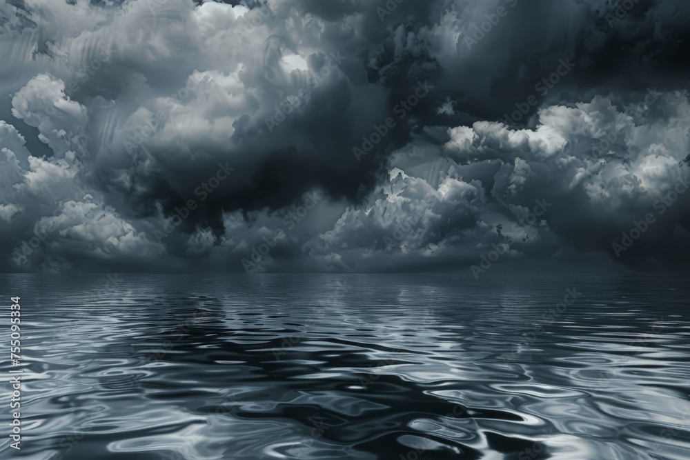Fototapeta premium A large expanse of water under an ominous, cloudy sky, with the clouds reflected on the surface.