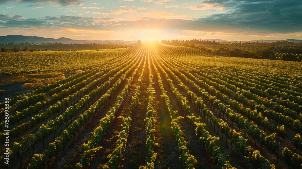The golden hour illuminating a sprawling vineyard from an aerial perspective