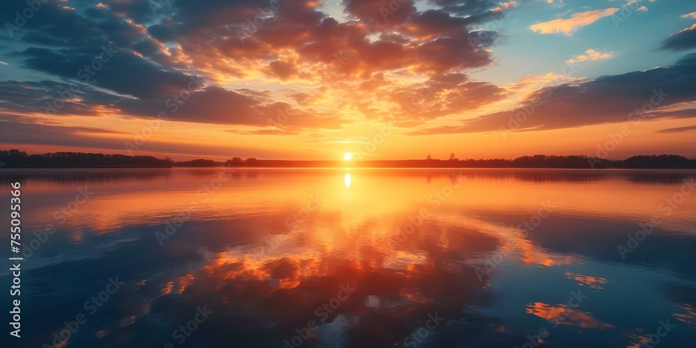 Golden Reflection: Peaceful Sunset Over Tranquil Lake. Concept Lakeside Serenity, Sunset Glow, Golden Hour Photography, Nature's Reflection, Calm Waters