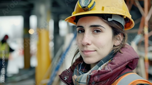 Female engineer with a safety helmet at a construction site. Industrial job and workplace safety concept.