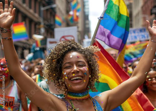 an African American girl celebrates gay pride day with a lot of people