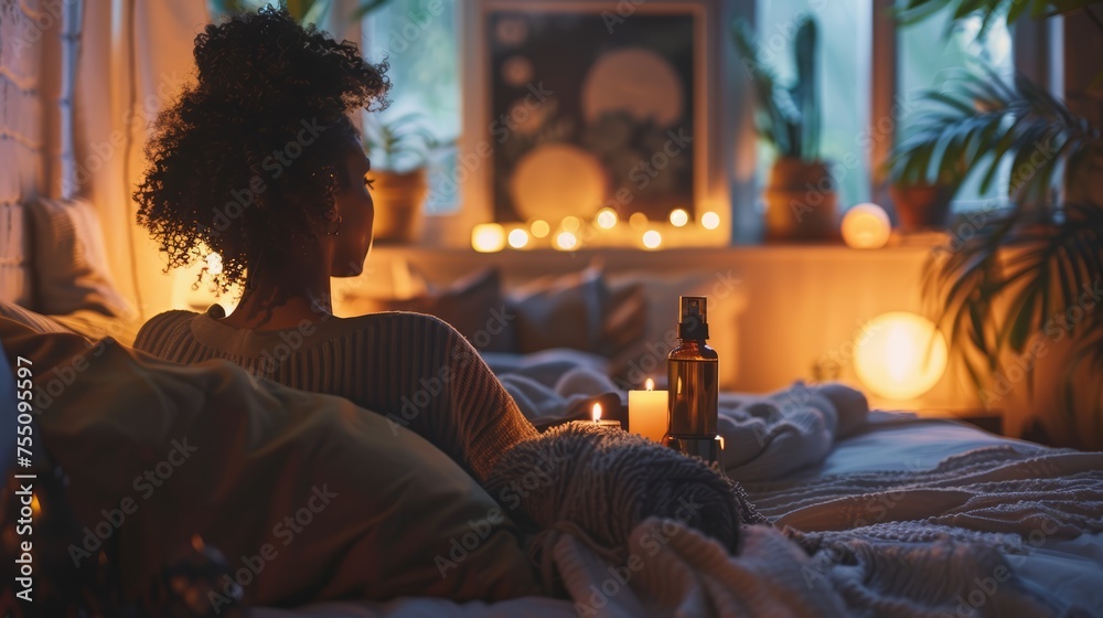 Woman relaxing in cozy bedroom with candles, warm lighting, and home plants. Self-care and wellness at home concept - obrazy, fototapety, plakaty 