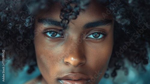 A close view of a multiracial person with striking blue eyes, showcasing the unique color and beauty of their irises