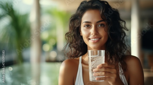 A multiracial woman holding a glass of water in her hand