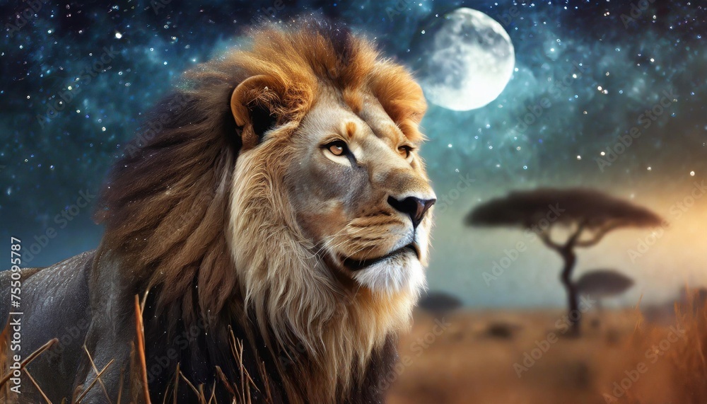 african lion and moon night in africa banner african savannah landscape theme king of animals spectacular dramatic starry cloudy sky proud dreaming fantasy lion in savanna looking forward